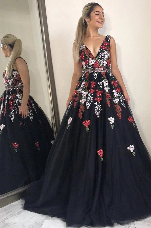Black Floral Beaded Prom Dresses With ...